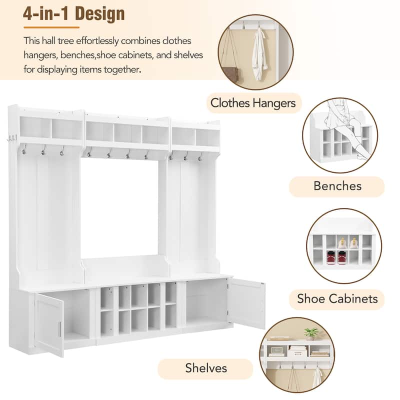 Wide Design Hall Tree with Storage and Bench, 4-IN-1 Multi-functional Entryway Bench with Coat Rack and Shoe Cubbies