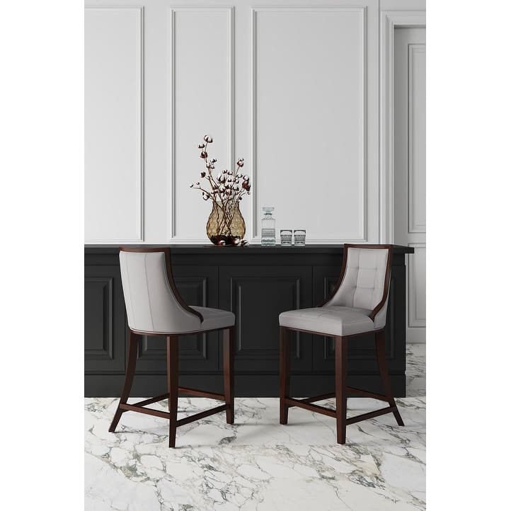 Manhattan Comfort Fifth Ave Dark Walnut Wood Counter Height Bar Stool (Set of 3) - Light Grey