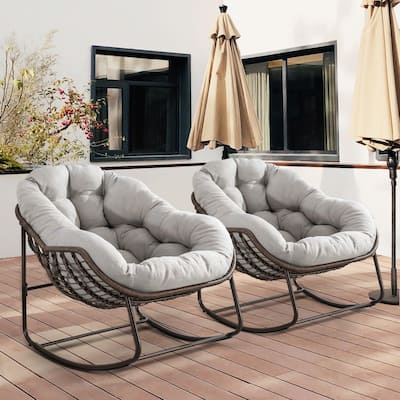 Outdoor Padded Cushion Rocking Chair, Patio Oversized Rattan Egg Chair