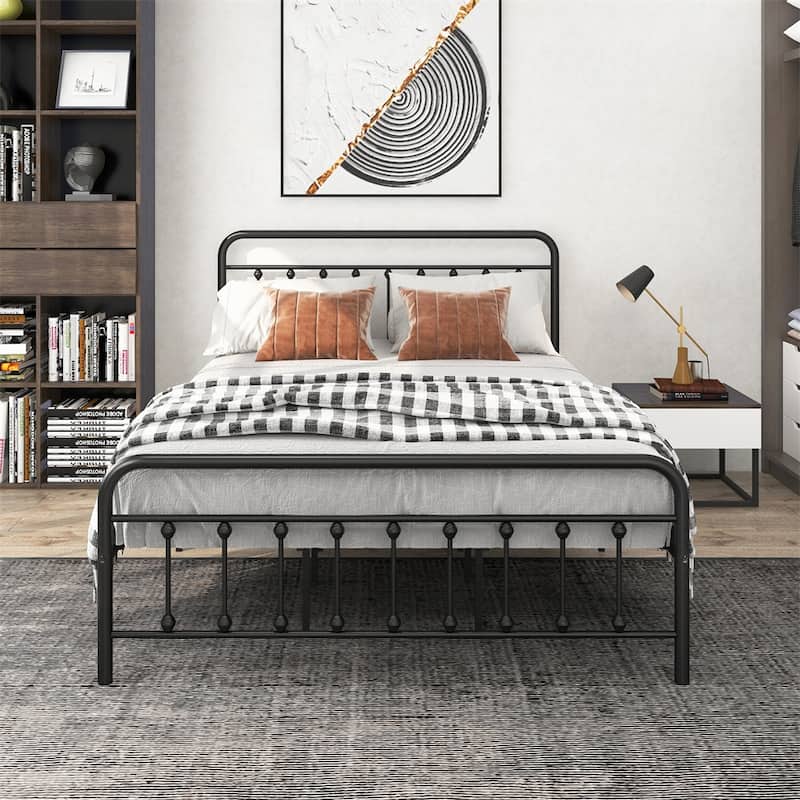 Metal Bed Frame Queen Size Platform w/Vintage Headboard and Footboard