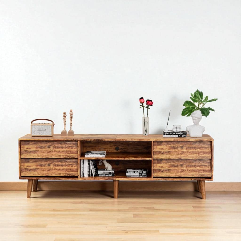 63" Vintage-Style TV Stand with Beveled Design, Media Console with 4 Drawers & 2 Shelves, Solid Wood Legs