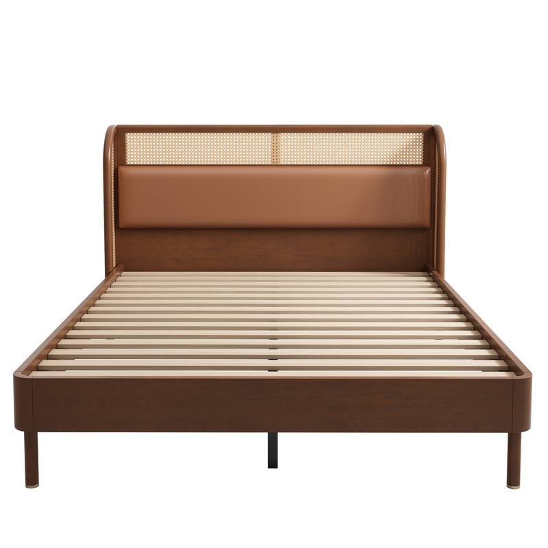 Cannage Rattan Bed Frame, Queen Size Platform Bed, with Ratten