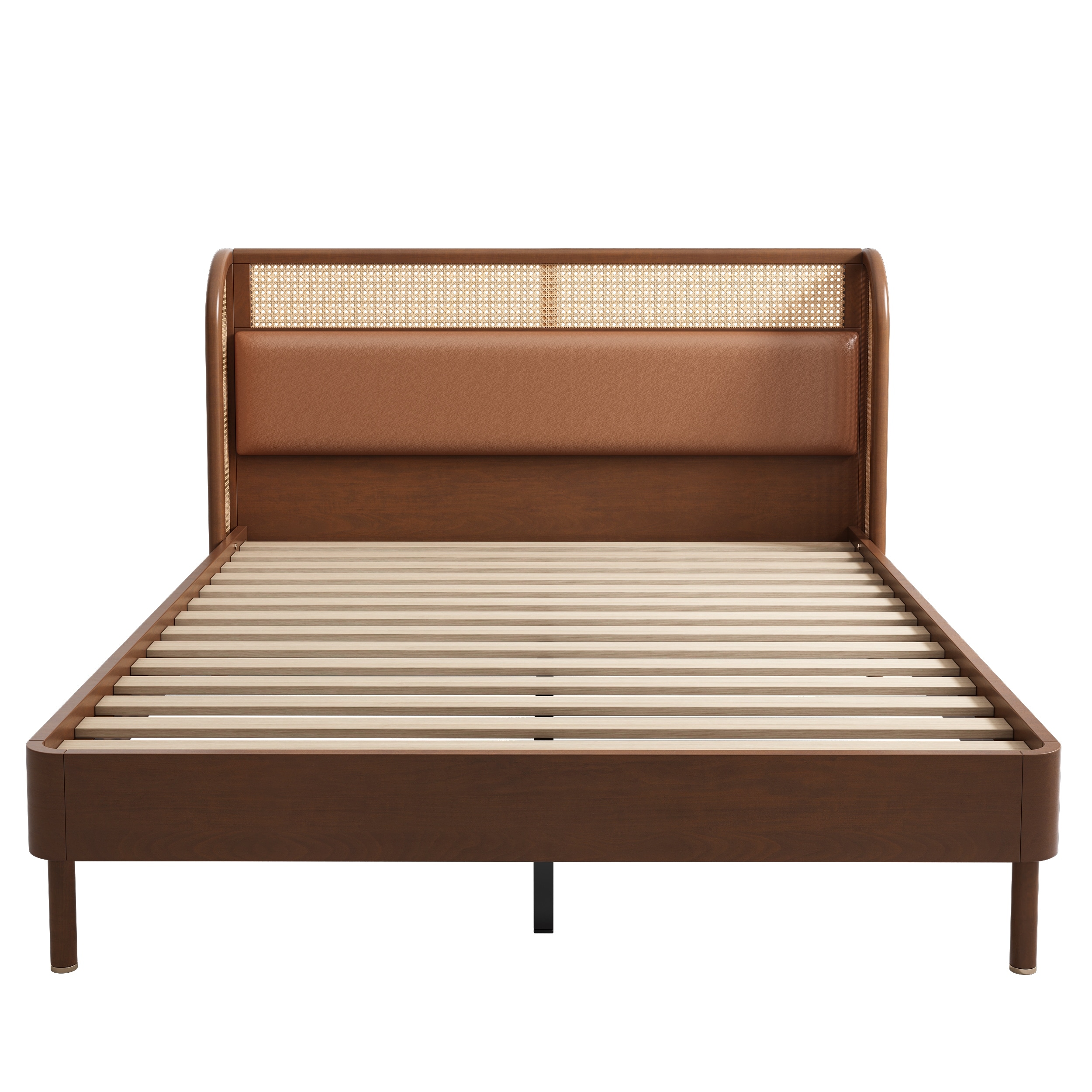 Queen Size Walnut Rattan Wood Platform Queen Bed Seven Pillars Solid and Quiet no noise so you can sleep