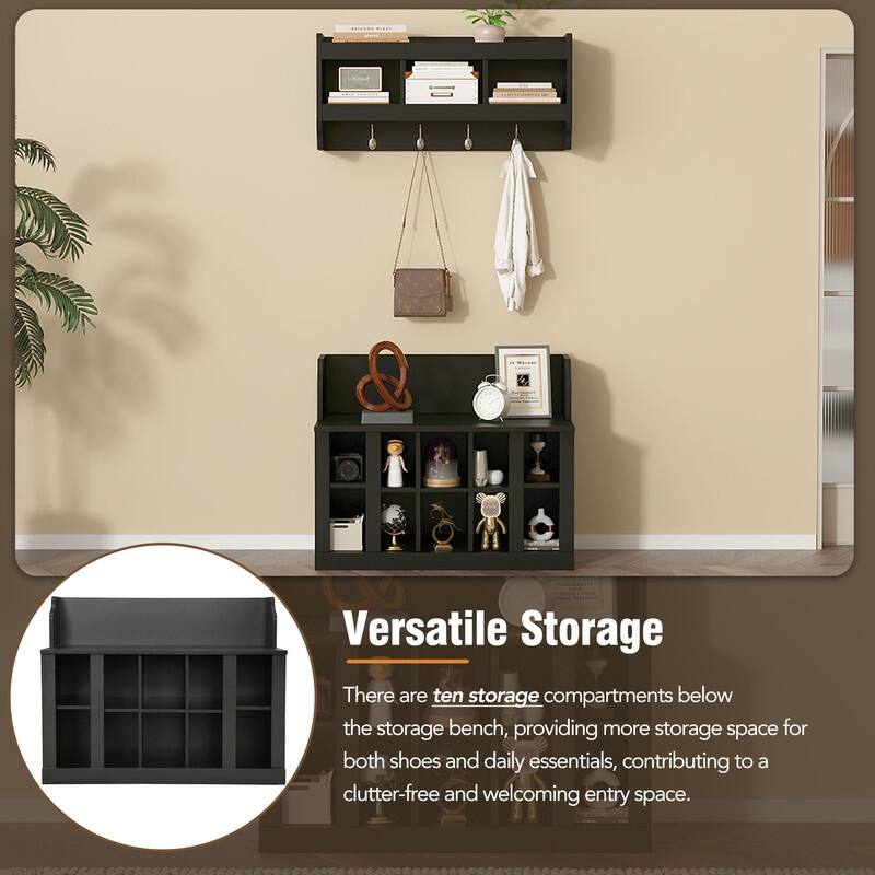 Entryway Wood Storage Bench with Shoe Storage,Wall Mounted Hall Tree with Coat Rack and Shelves