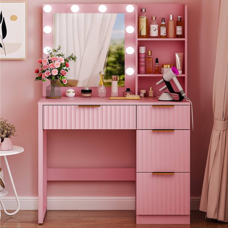 Particle Board Veneered with Textured Melamine 4-drawer 2-shelf with 10 Three-color Dimmable Bulbs Dressing Table - N/A