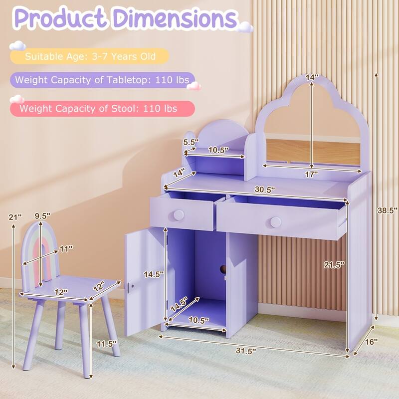 Children's Vanity Table and Stool Set with Mirror and Drawers Cabinet for Bedroom or Playroom - 31.5" x 16" x 38.5" (L x W x H)