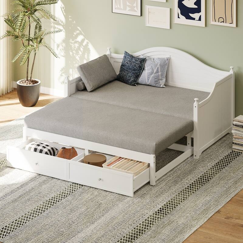 Wood Daybed with Extended Pop Up Trundle and Storage Drawers