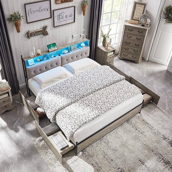 Queen Size Bed Frame with LED Lights, Charging Station and 4 Drawers