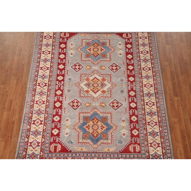 Kazak Area Rug Hand-Knotted Geometric Grey Wool Carpet - 6'9" x 9'8"