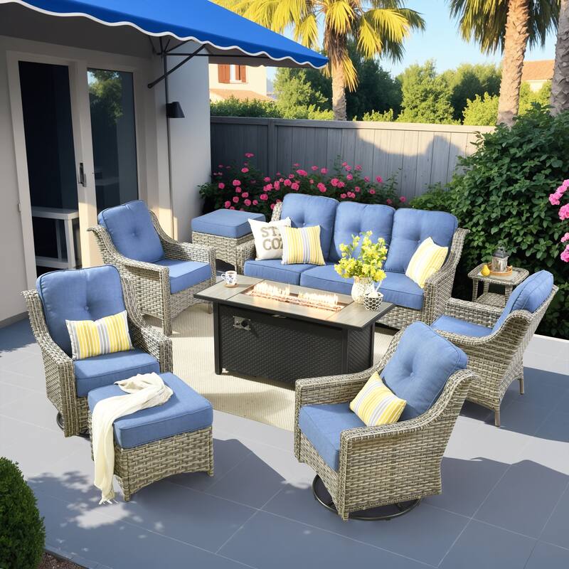 HOOOWOOO 9-piece Rattan Outdoor High Backrest Swivel Chair Set with 54"Fire Pit - Diamond Blue