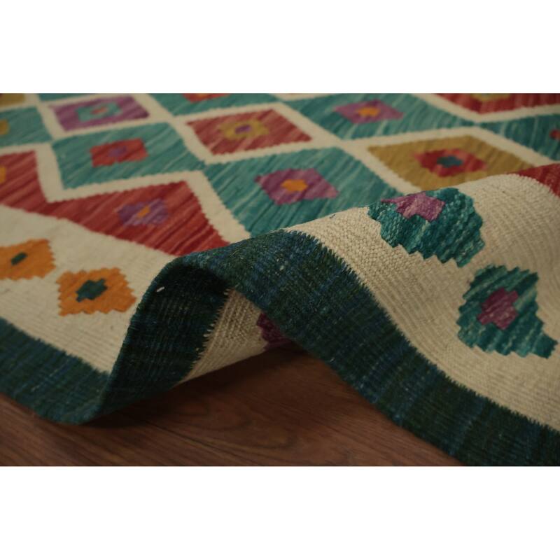Hand Woven Oriental 100% Wool Carpet Southwestern Modern Green Kilim Runner Rug - 8' 10'' X 2' 7''