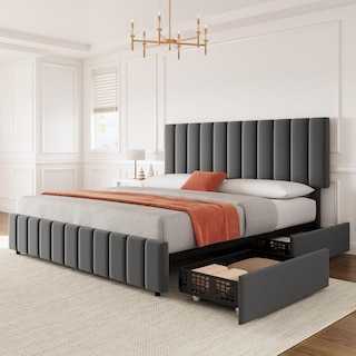Queen Linen Upholstered Platform Bed Frame with 4 Storage Drawers, Adjustable Headboard