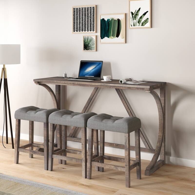 Bar Table Set with Power Outlet, Bar Table and Chairs Set, 4 Piece Dining Table Set