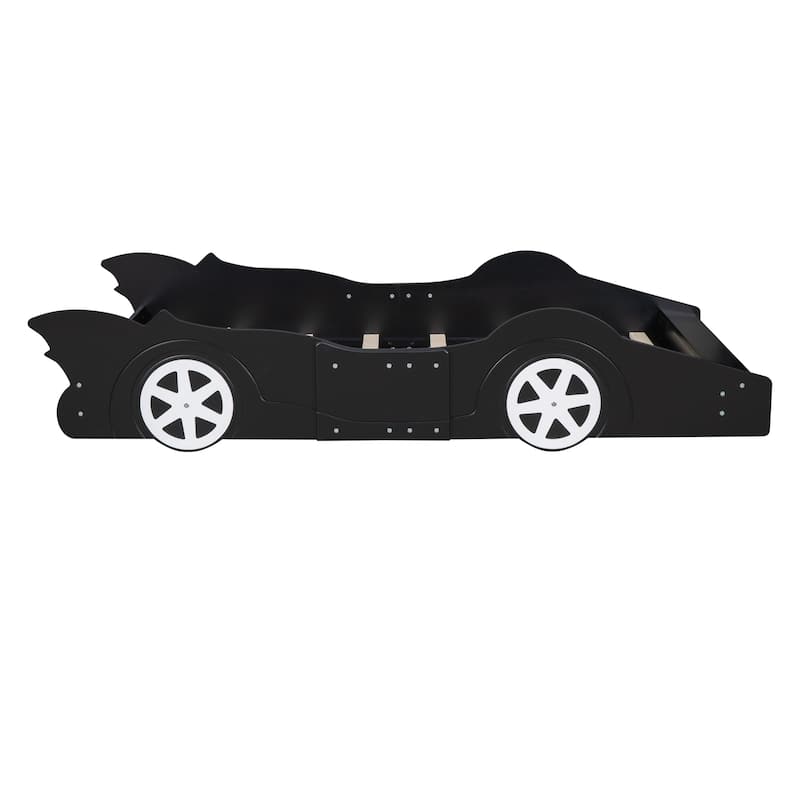 Children's Platform Bed Twin Size Racing Car Bed with Guardrail, Pine Wood Frame, Slats Support and Fun Wheel Design