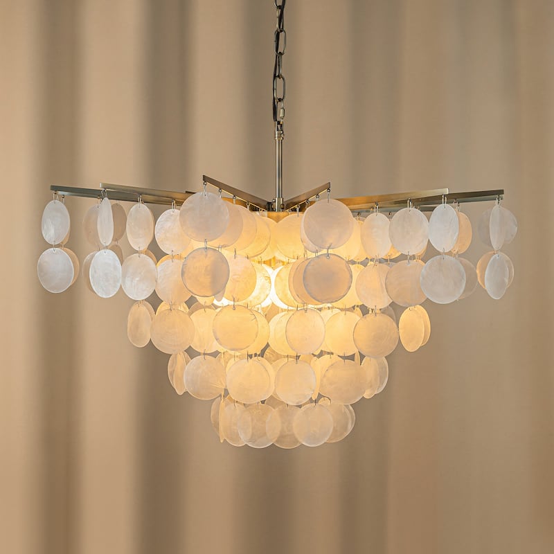 Cone Shape Tier Coastal Capiz Shells Chandelier With Antique Gold Metal - W29.5"