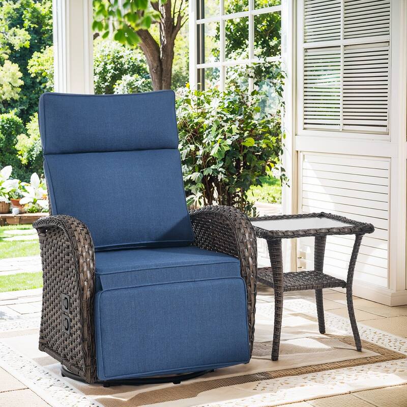 Pocassy Reclining Patio Chair with Adjustable Backrest - Blue Cushion - 1 Swivel Chair with Table