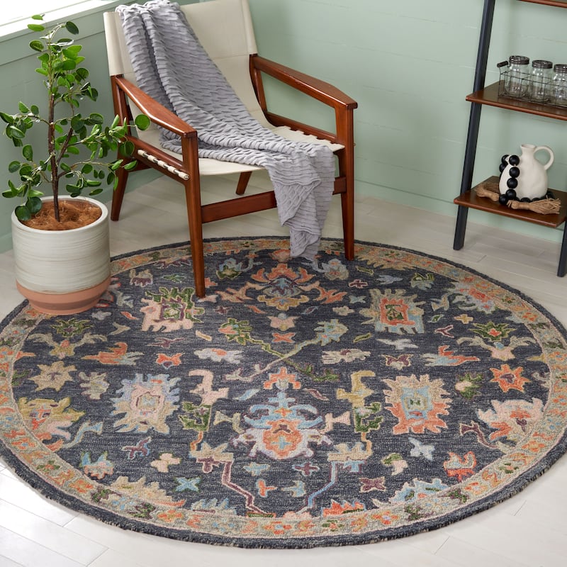 SAFAVIEH Handmade Blossom Duska French Country Floral Wool Rug - 6' Round - Dark Grey/Sage