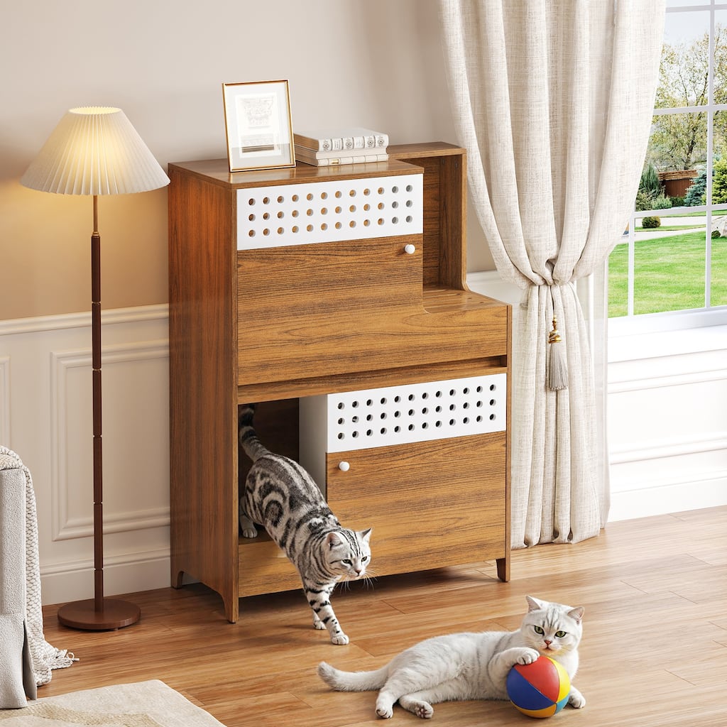 Anmytek 2-in-1 Cat Litter Box Enclosure Side Table House - Brown