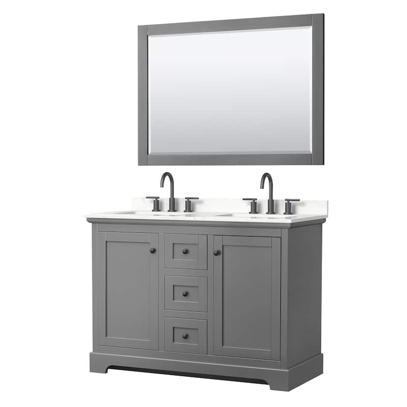 Avery 48-inch Double Vanity, Quartz Top, 46-inch Mirror - Dark Gray, Black Trim, Giotto Quartz Top
