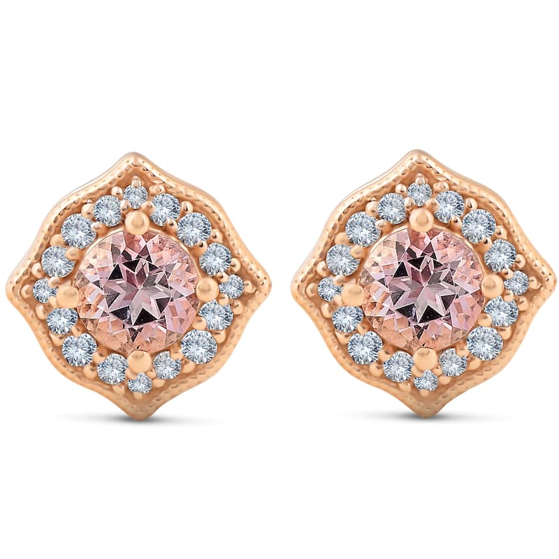 5/8ct Pink Topaz & Diamond Vintage Halo Studs Rose Gold