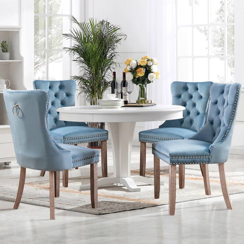 Velvet Dining Chairs Set of 2, Upholstered High-end Tufted Dining Room Chair with Nailhead Back Ring Pull Trim Solid Wood Legs