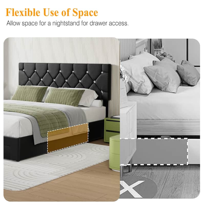 VECELO Bed Frame with Storage Drawers Leather Upholstered with Diamond Tufted Headboard Solid Wood Slat Support