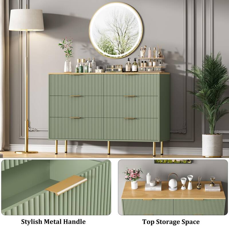 6 Drawer Fluted Dresser for Bedroom, Modern Wooden Storage Chest with Gold Handles