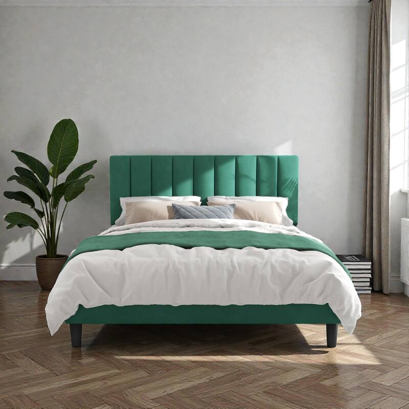Upholstered Platform Bed Frame with Adjustable Headboard, Velvet Upholstered, No Noise, 800 lbs Capacity, 12 Inch Clearance