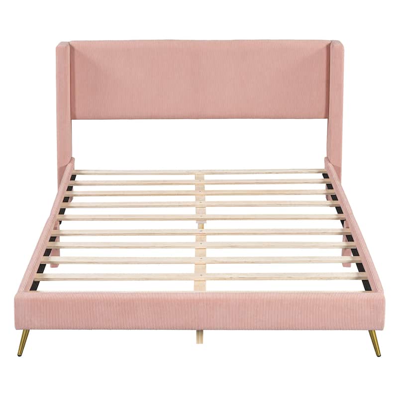 Stylish Queen Platform Bed with Corduroy Upholstery and Metal Legs - No Box Spring Needed