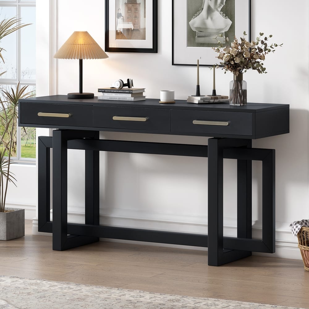 Wooden Console Table Hallway Tables with 3 Drawers and Unique Table Legs, Long Entryway Table with Iron Handle for Hallway