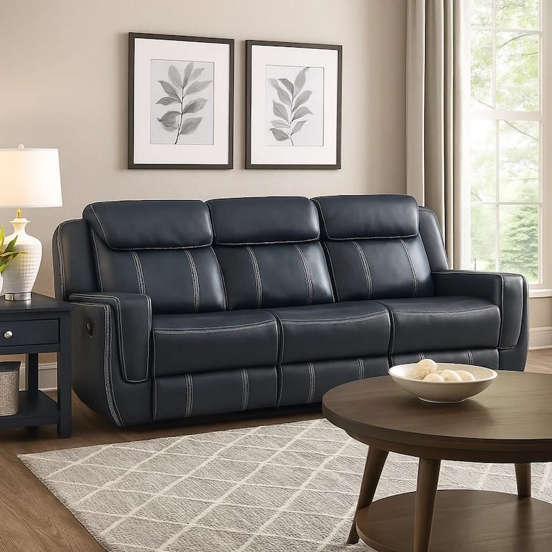 Louise 86 Inch Dual Manual Recliner Blue Faux Leather Sofa, Drop Down Table