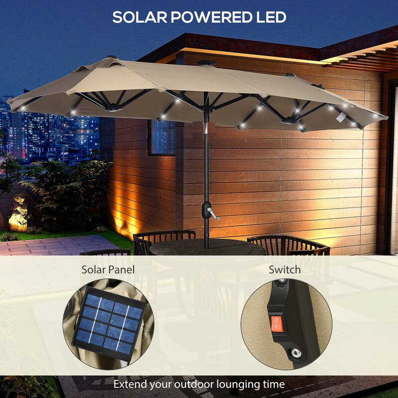 Outsunny Double-sided Patio Umbrella with Solar Lights and Sandbag Base, Outdoor Table Umbrella with Push Button Tilt, Crank