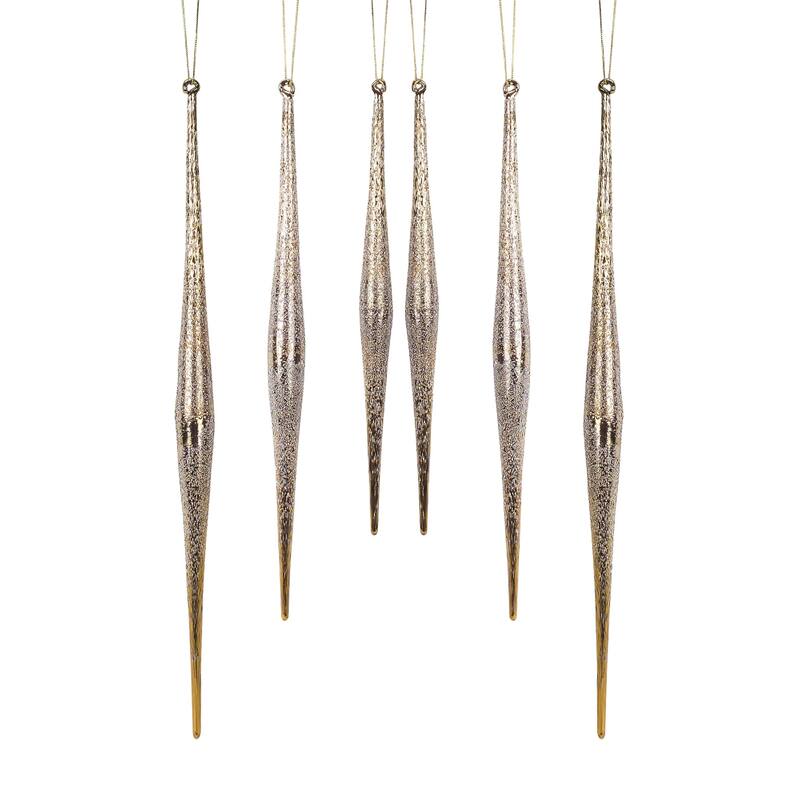 Set of 6 Silver and Gold Icicle Glass Christmas Ornaments 13.25”
