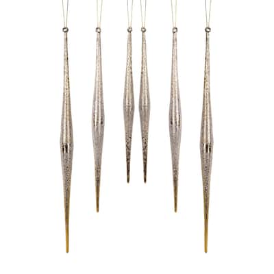 Set of 6 Silver and Gold Icicle Glass Christmas Ornaments 13.25”