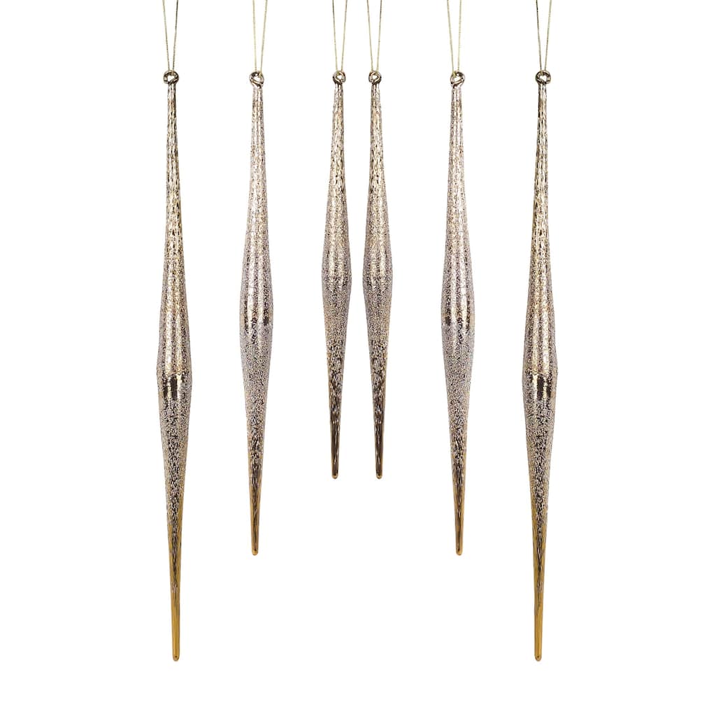 Set of 6 Silver and Gold Icicle Glass Christmas Ornaments 13.25”