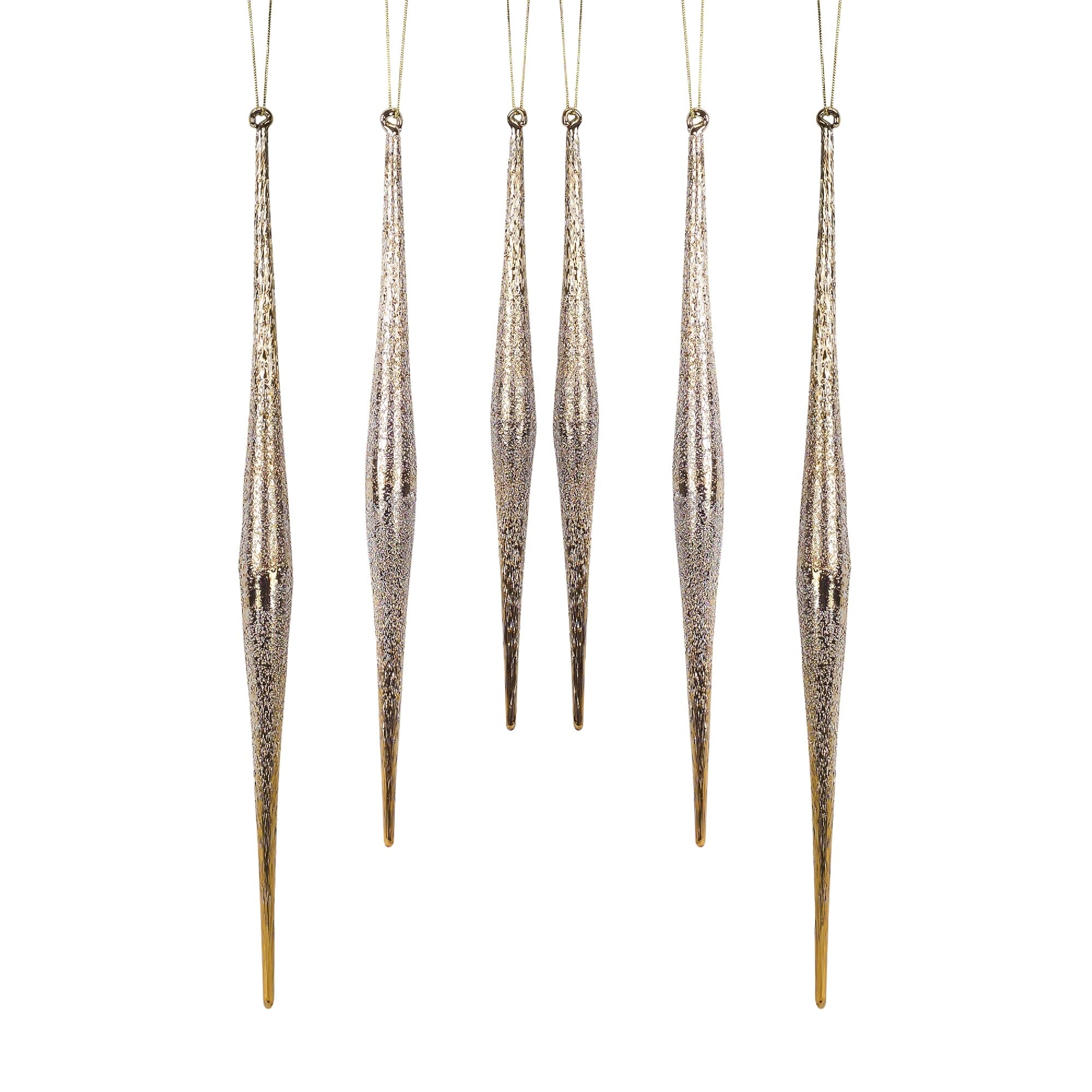 Set of 6 Silver and Gold Icicle Glass Christmas Ornaments 13.25”