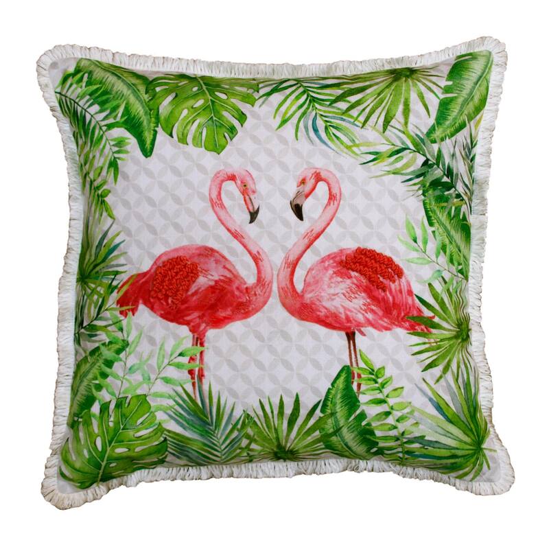 Hand Woven Coastal Flamingo Square Throw Pillow - 20" - Green and Pink