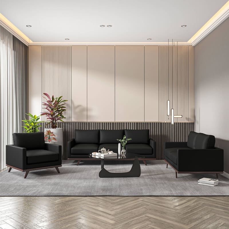 3-Piece Sofa Set Upholstered in Leather with Birch Wood Base Chester Collection