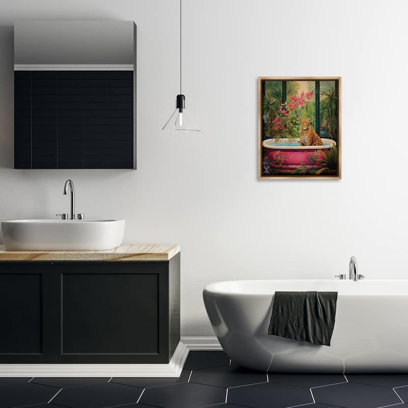 Stupell Leopard in Lush Tropical Bath Framed Floater Canvas Wall Art Design By Heidi Kuntz