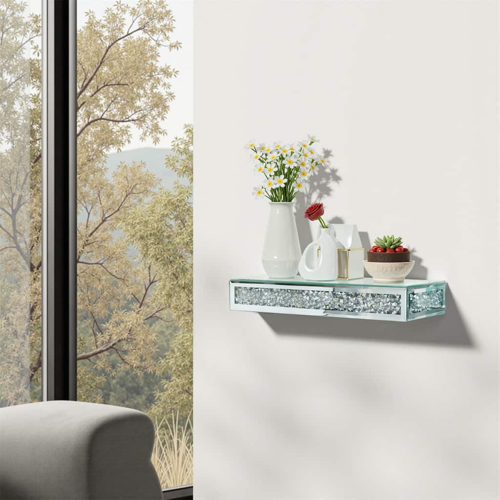 Mirrored Wall Floating Shelf with Crushed Diamonds Inlaid Storage Shelving Unit