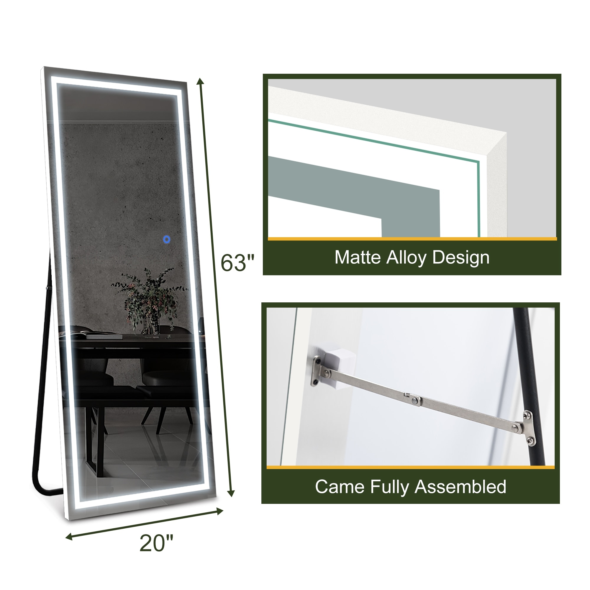 Led Aluminum Alloy Right Angled Rectangular Full-Length Mirror With Stand Bathroom Vanity Mirror - Transparent