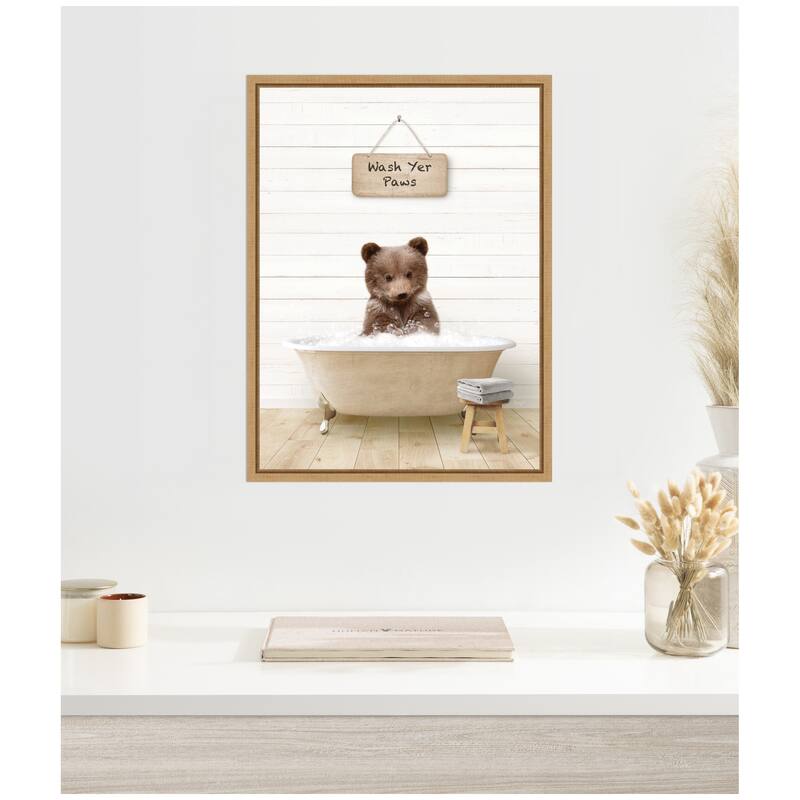 Kate and Laurel Sylvie Bear Cub in Modern Bathtub Wash Your Paws Framed Canvas by Amy Peterson