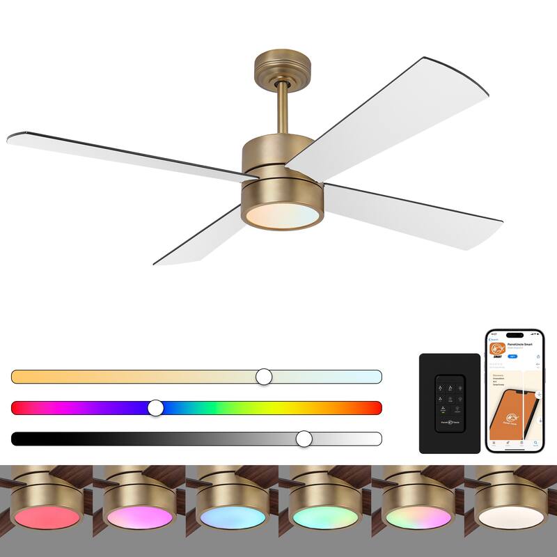 52" Black/ Distressed Brass Smart Dimmable RGB Ceiling Fan with Remote and App Control - Distressed Brass