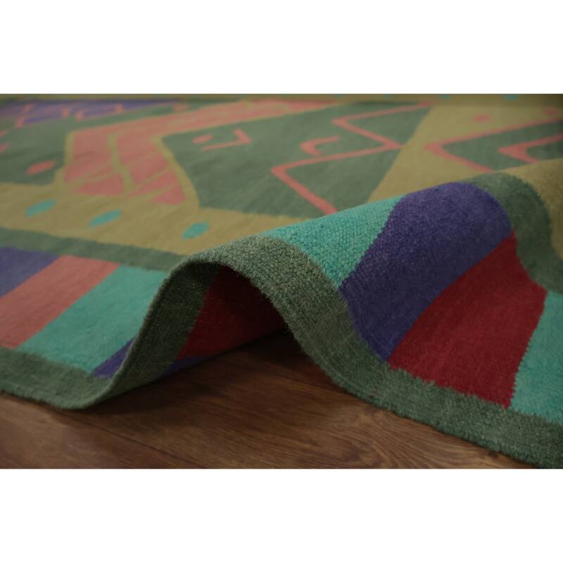Hand Woven Oriental 100% Wool Carpet Southwestern Tribal Green Kilim Runner Rug - 11' 8'' X 4' 0''