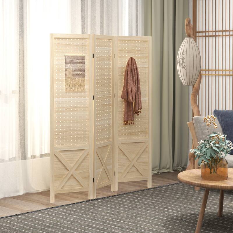 3 Panel Pegboard Display Room Divider, 4.7' Tall Wood Indoor Portable Folding Privacy Screen, Partition Wall Divider