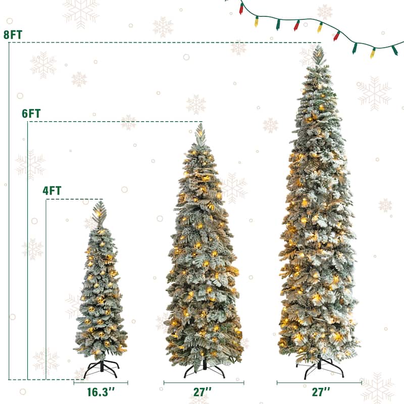 8FT, 6FT, 4FT Pre-Lit Pencil Christmas Trees, Set of 3 Flocked Fir Slim Christmas Trees, 290 LED Lights with 11 Lighting Modes