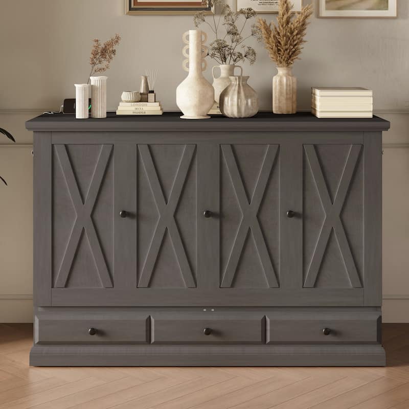 Gray Full Size Solid Pine Murphy Bed with Charging Station and Large Storage Drawer for Home Office or Small Room - Gray - Full
