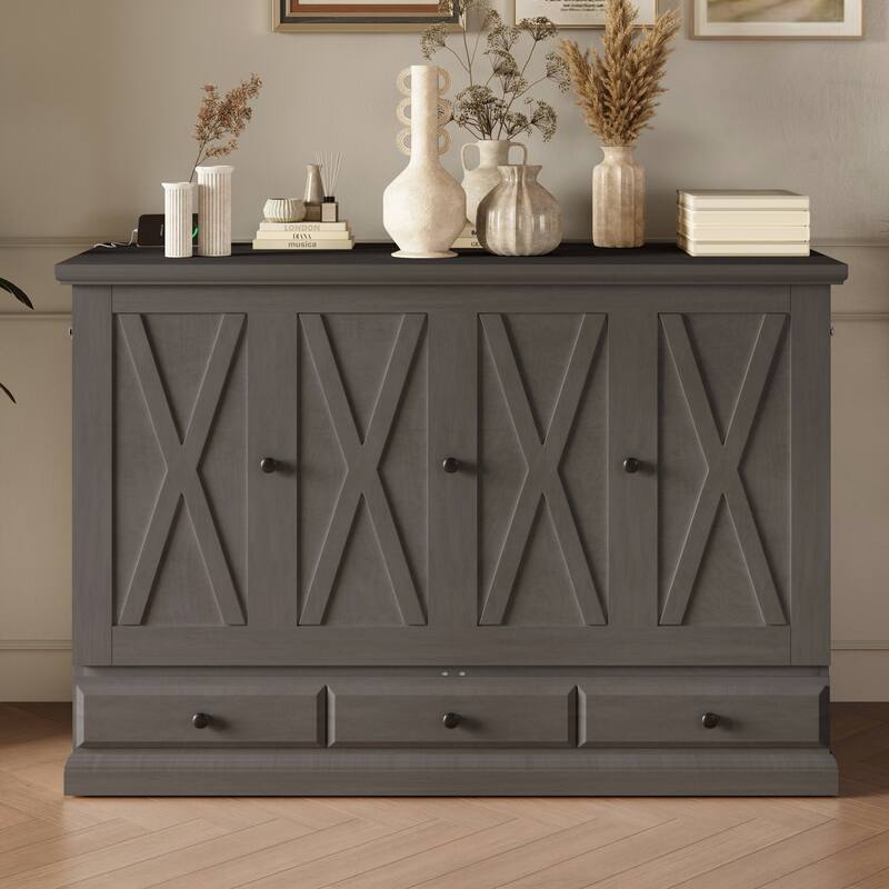 Gray Queen Size Solid Pine Murphy Bed with Charging Station & Storage Drawer - Gray - Queen