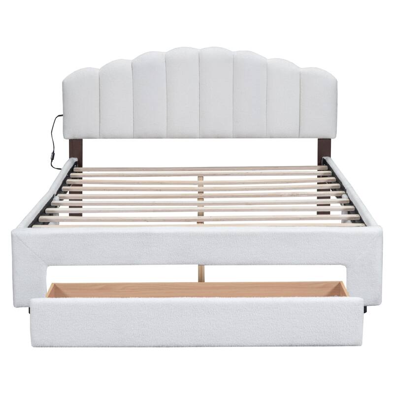 HomeRoots White Tufted Boucle Lighted Queen Bed Frame With USB And Drawer