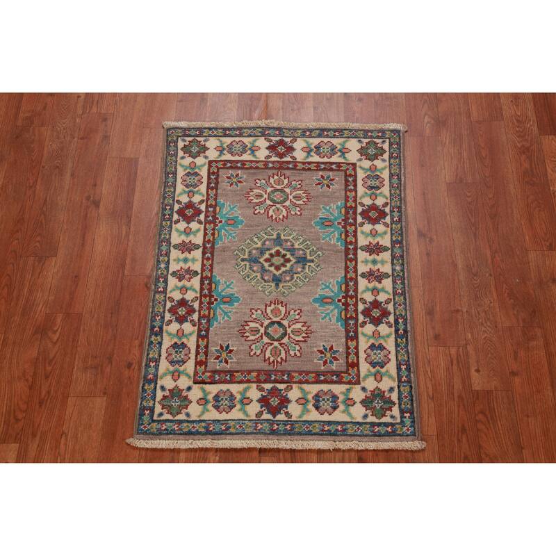 Geometric Kazak Oriental Accent Rug Hand-Knotted Grey Wool Carpet - 2'0"x 3'0"